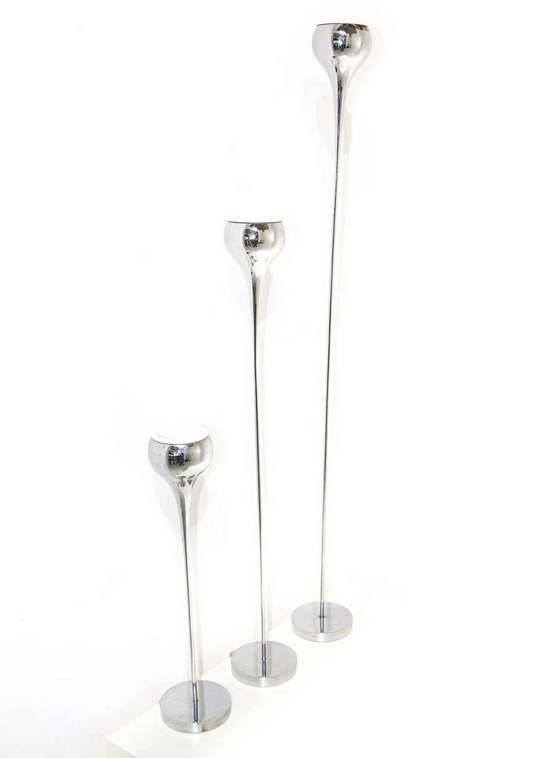 Esperia on A.Brotto design 70s. Group of three chrome: Esperia on A.Brotto design 70s. Group of three chrome lamps. H cm 90 cm H 65 cm H 40. Slight Defects