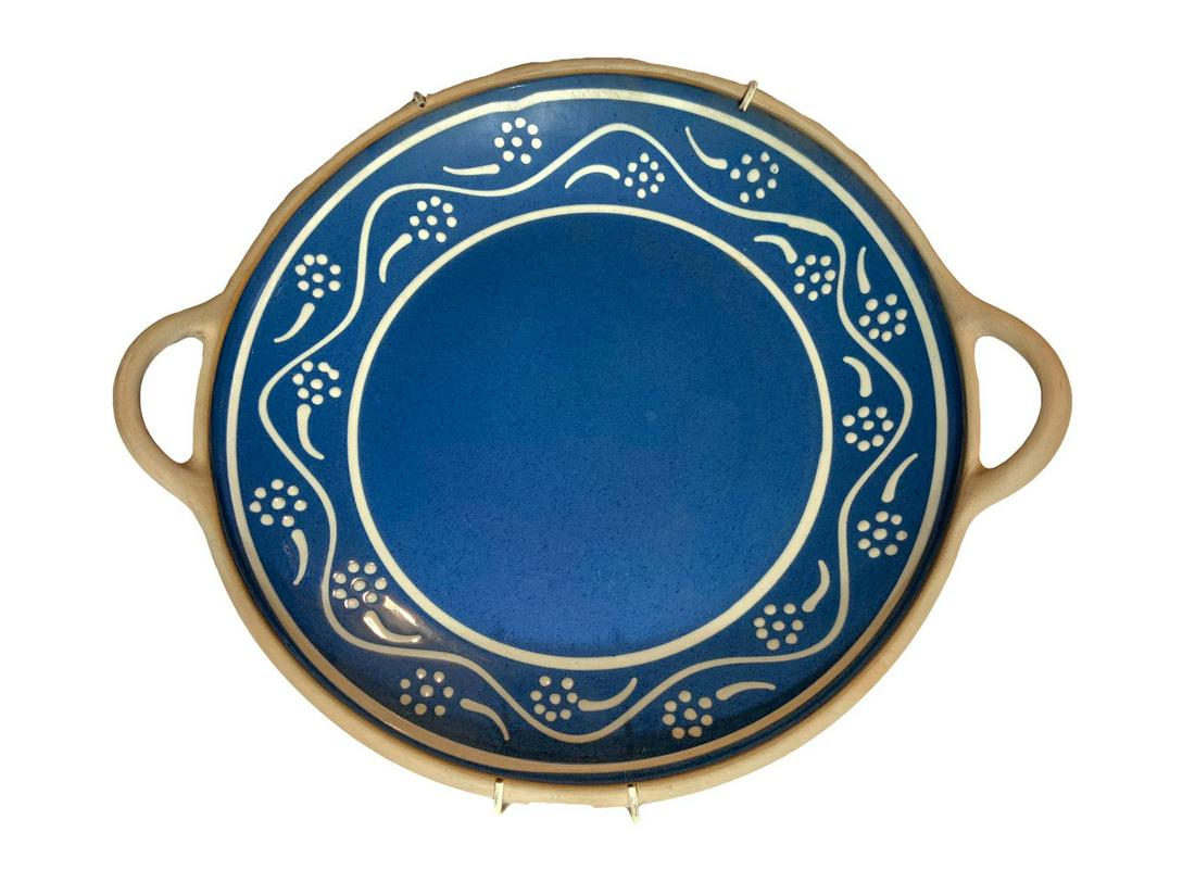 Bowl with handles, Tunisia. Decorated with white: Bowl with handles, Tunisia. Decorated with white flowers on a blue background. 30 Cm