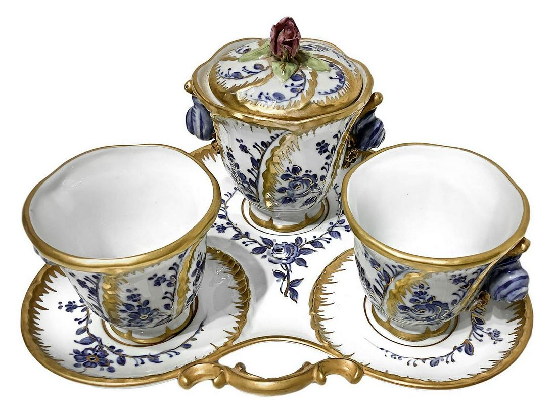 Coffee set tete a tete, Sevres Manufactory. With sugar: Coffee set tete a tete, Sevres Manufactory. With sugar bowl and tray, XX century.