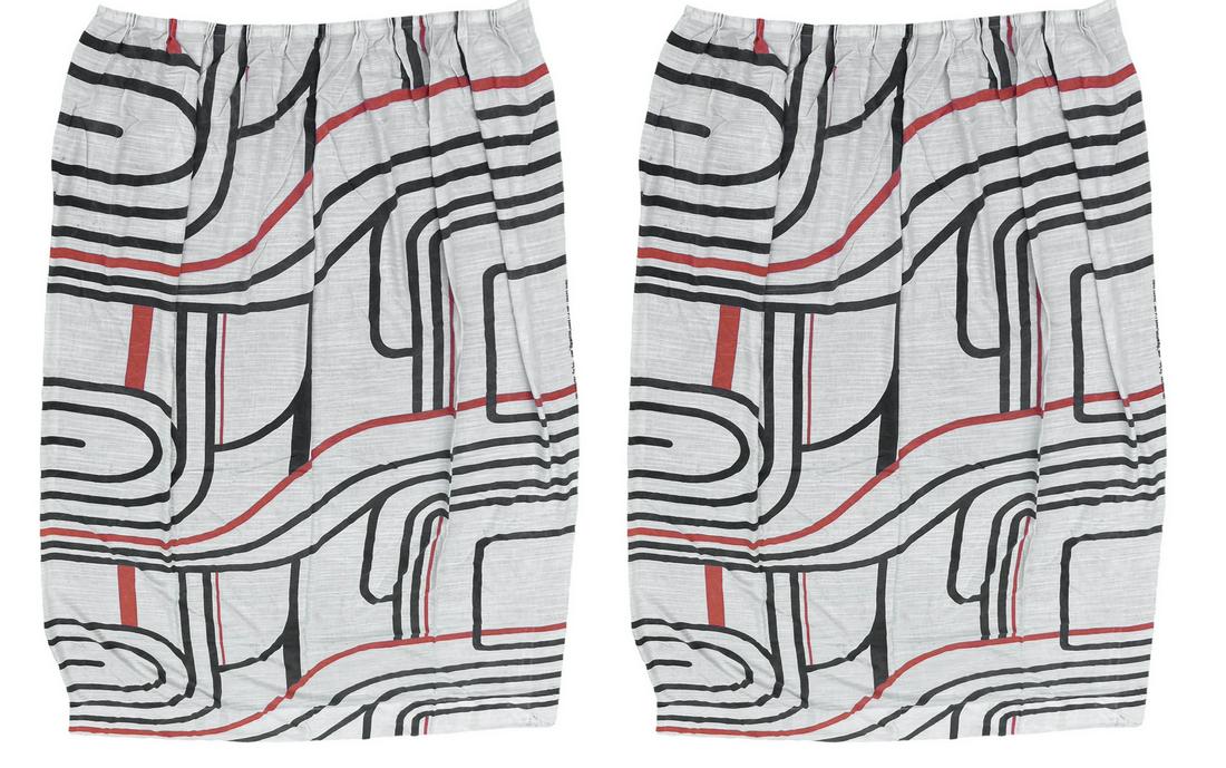 No. 2 Curtains, Production Pierre Cardin, mod. Tissu: No. 2 Curtains, Production Pierre Cardin, mod. Tissu Amel Element, dessin "charenton", printed by hand. Composed of 4 layers each, curtains cotton with geometric polychrome decoration, wear and tear.