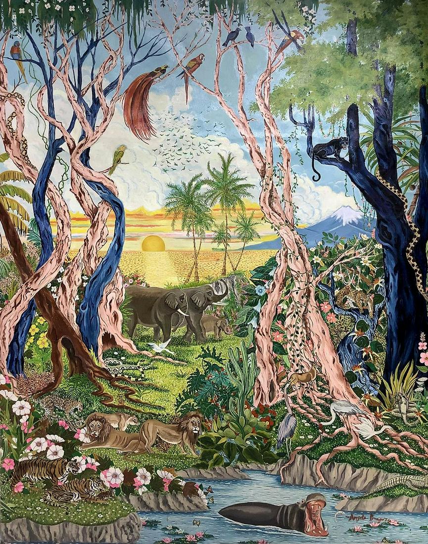Drago Angelo (Catania Catania 1930- 2020), naive: Drago Angelo (Catania Catania 1930- 2020), naive painting in Oil painting on canvas of "Africa", 179x141 cm. Signed and dated '74 lower right corner. Angelo Drago wins the Golden Lion Award in Florenc