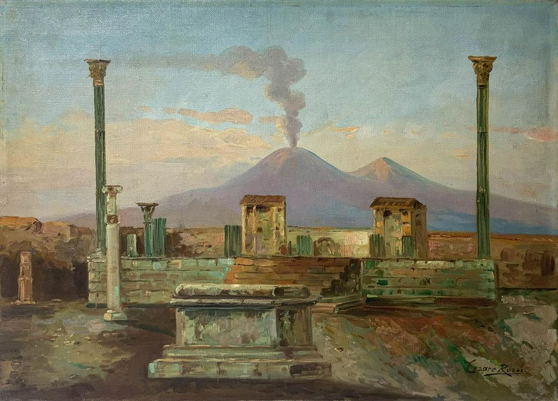 Oil paintinging on canvas depicting Vesuvius and Roman: Oil paintinging on canvas depicting Vesuvius and Roman ruins, the twentieth century. signed on the lower right corner Cesare Rossi (Cerreto Grue-Alessandria, 1942 – Bergamo, 1988). Cm 50x68. Pai