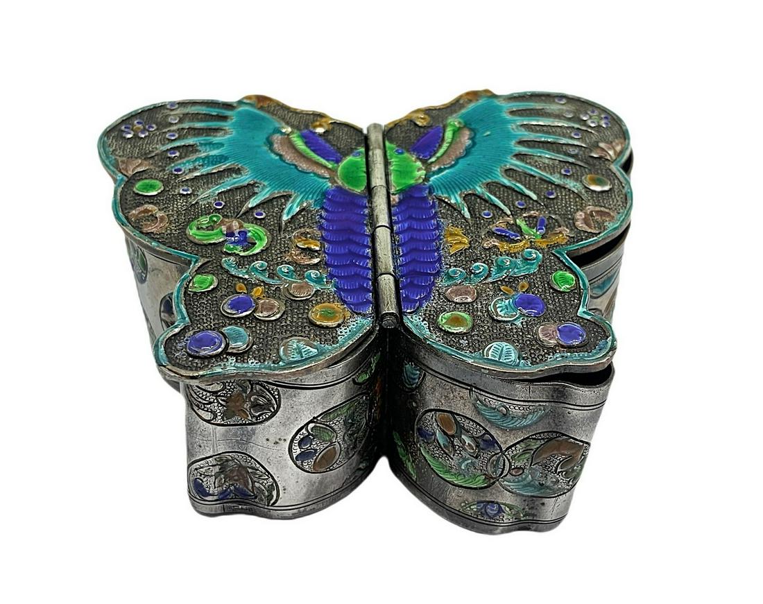 Small silver and glazed box depicting Chinese butterfly (1 of 7)