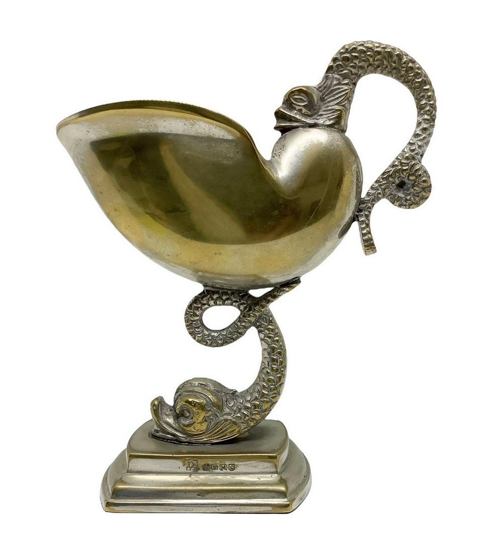Dolphin with nautilus cup in silver metal, 20th century: 14 cm