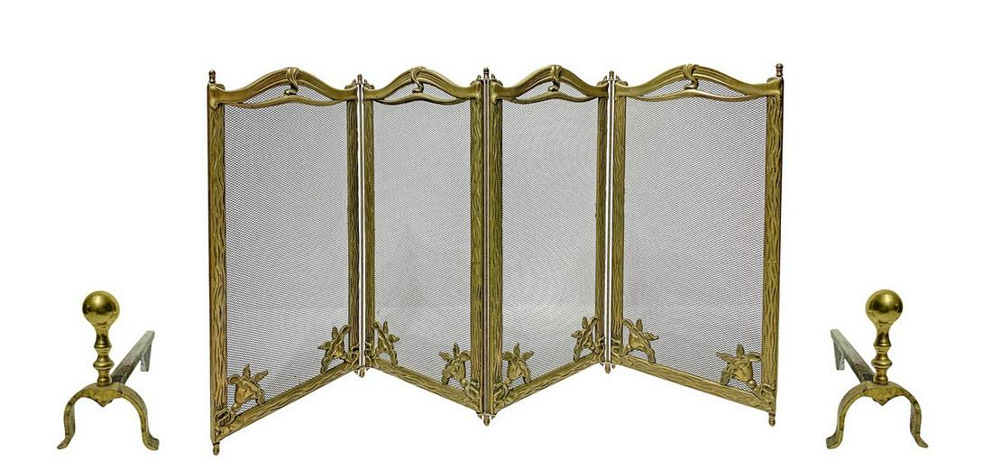 Spark arrester with andirons, 20th century: H 20 cm , length 47 cm In foldable gilded brass