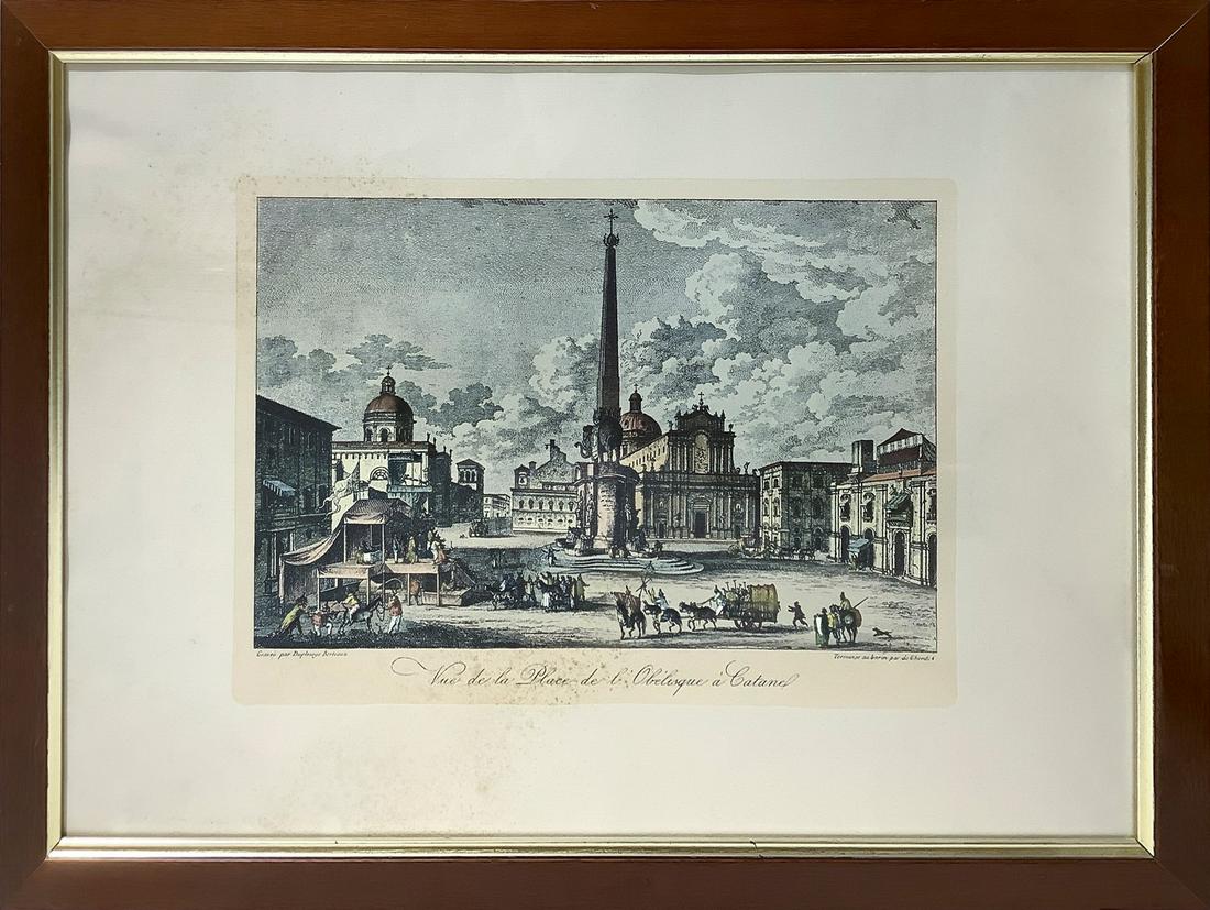 Jean Duplessis Bertaux (Parigi 1747-1819) - Square of the Obelisk of Catania: Watercolor engraving This lot is subject to Artists Resale Rights