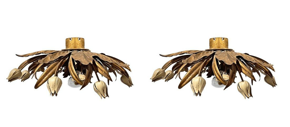 Pair of ceiling lights in gilded metal with lanceolate leaves and ivory lacquered fon the lowers (1 of 7)