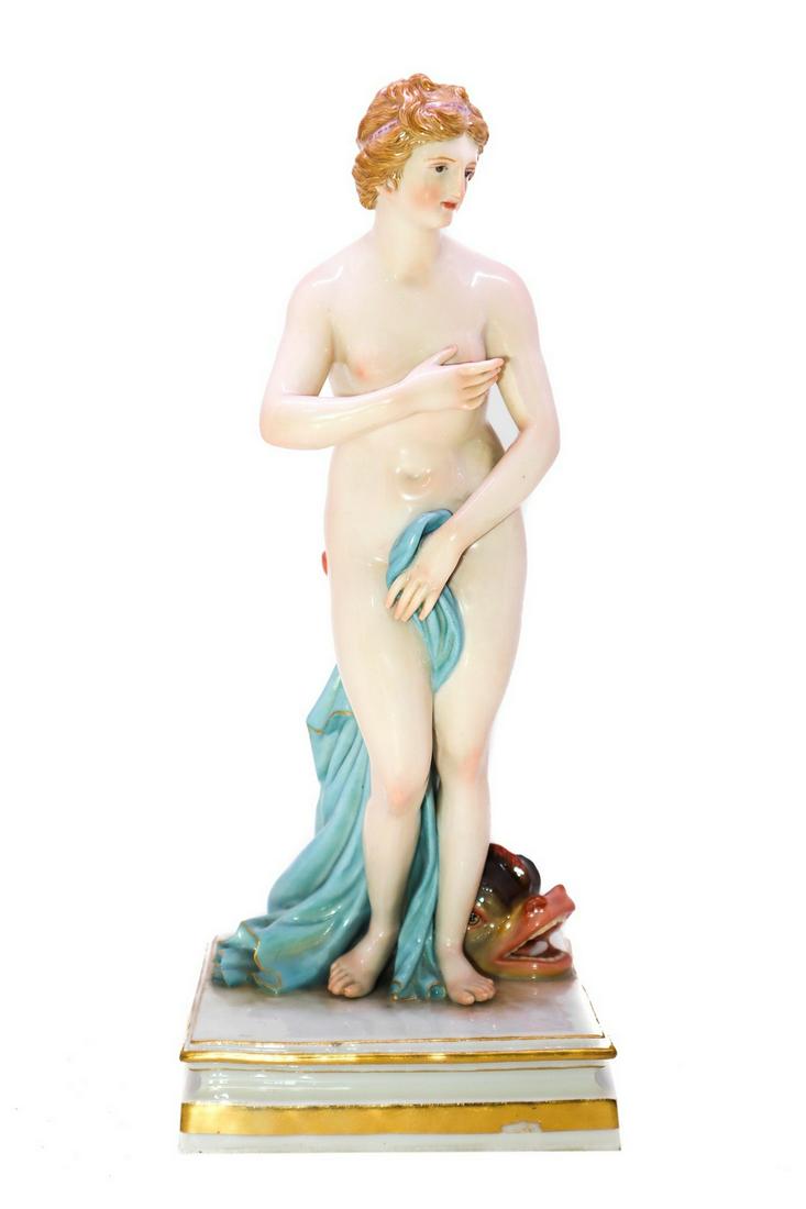 Nude Venus with Triton: Polychrome porcelain H 25 cm, base 10 cm x 10 cm Brand at the base Meissen.