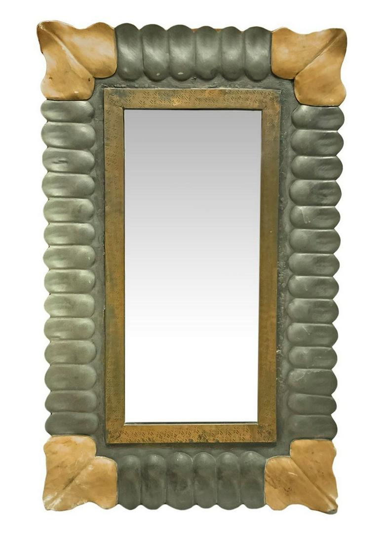 Rectangular mirror, 1950s: 73 cm x 50 cm Italian production in the style of Atelier Borsani Varedo. With cantilevered burnished brass structure, corners covered in leather, signs of use and minimal wear on the corners.