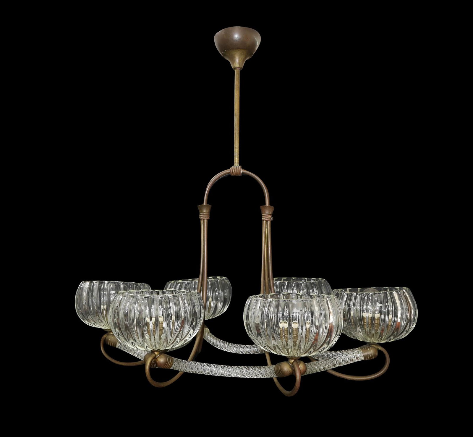 6 lights chandelier in murano glass, Deco period, 1920: 75 cm x 50 cm Brass structure