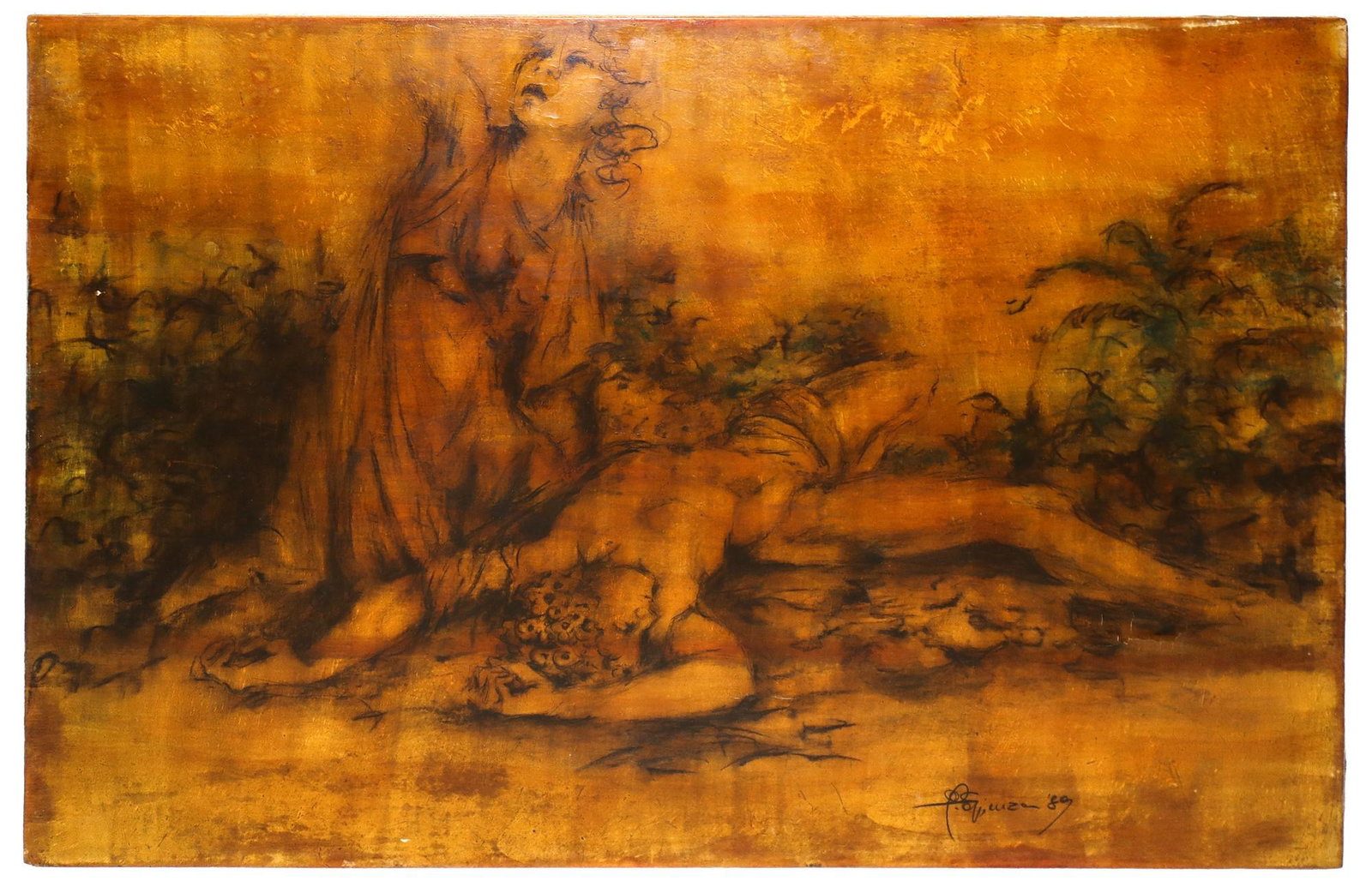 Mariella Sapienza (Catania 1949) - Aci and Galatea: Mixed technique on plywood 70 cm x 100 cm Signed and dated 89 lower right, work without a frame
