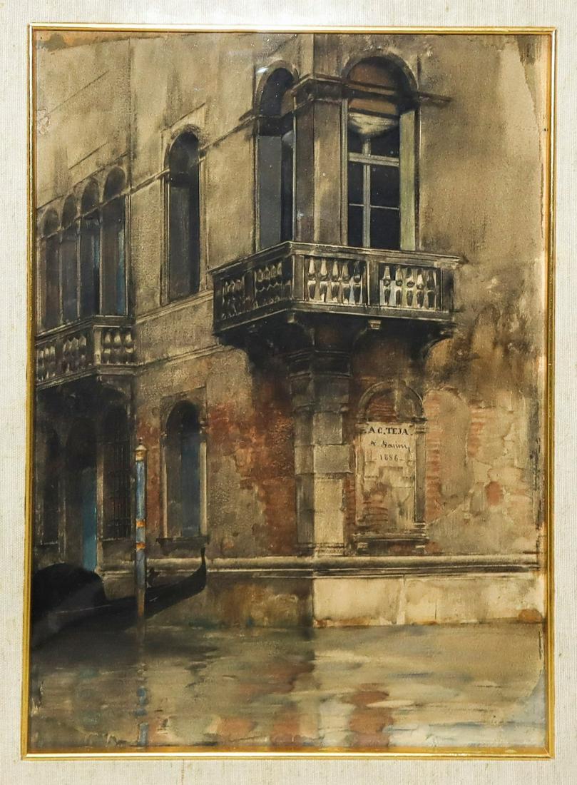 Alberto Pasini (Italian 1826-1899) - Corner of a Venetian palace on the lagoon, 1886: Watercolor on cardboard cm32x23; in frame cm54x45 Signed on the right side.