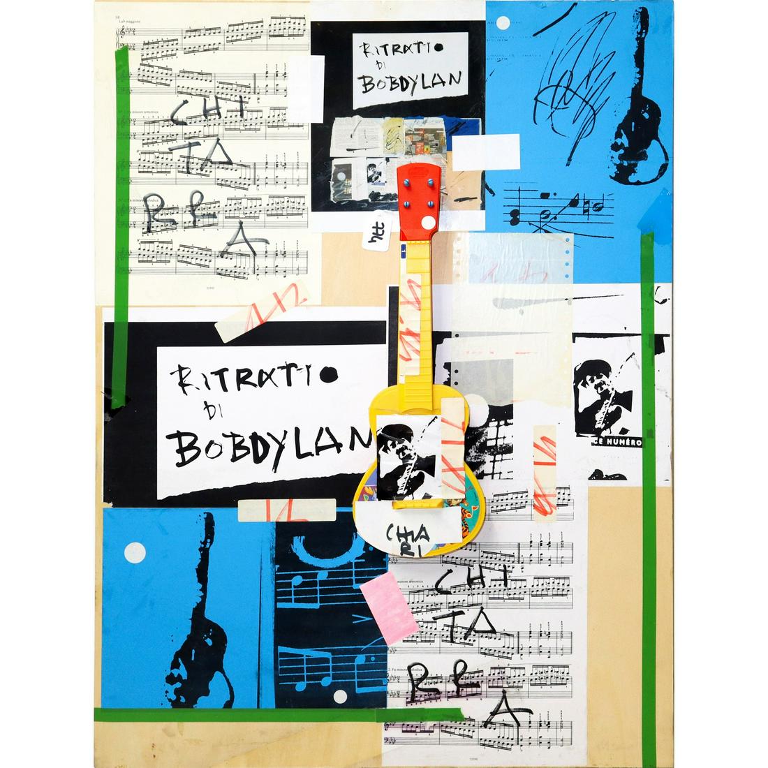 Giuseppe Chiari (1926-2007) - Guitar, portrait of Bob Dylan, 2005: Aeemblaggio on board, instrument and collage 80 x 60 cm On the back stamp L.I.B.R.A. Contemporary Art Srl Catania. Authentication on photo.