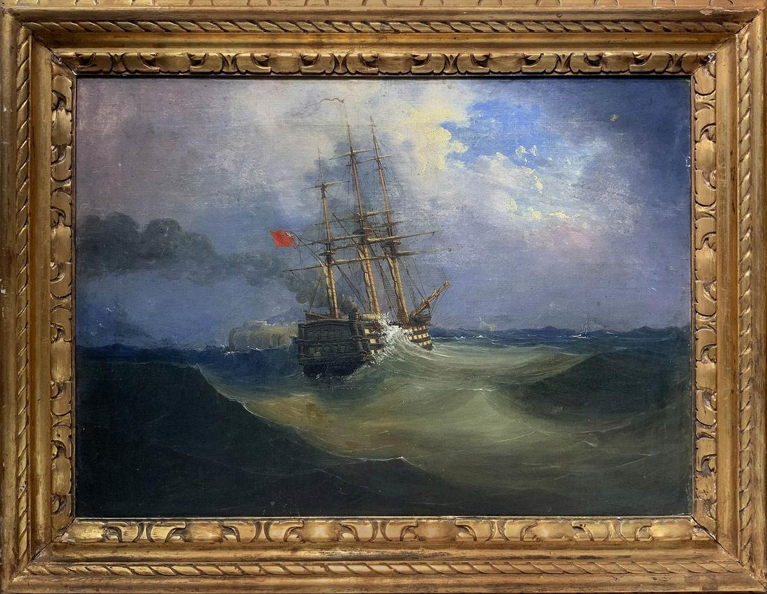 English painter of the eighteenth century, three-masted sailing ship, Late 18th century: Oil painting on canvas H 57x78cm In dark windswept waters and partially illuminated by a soft light from the sky, the romantic marine scene shows a three-masted tall ship flying the Australian flag, i