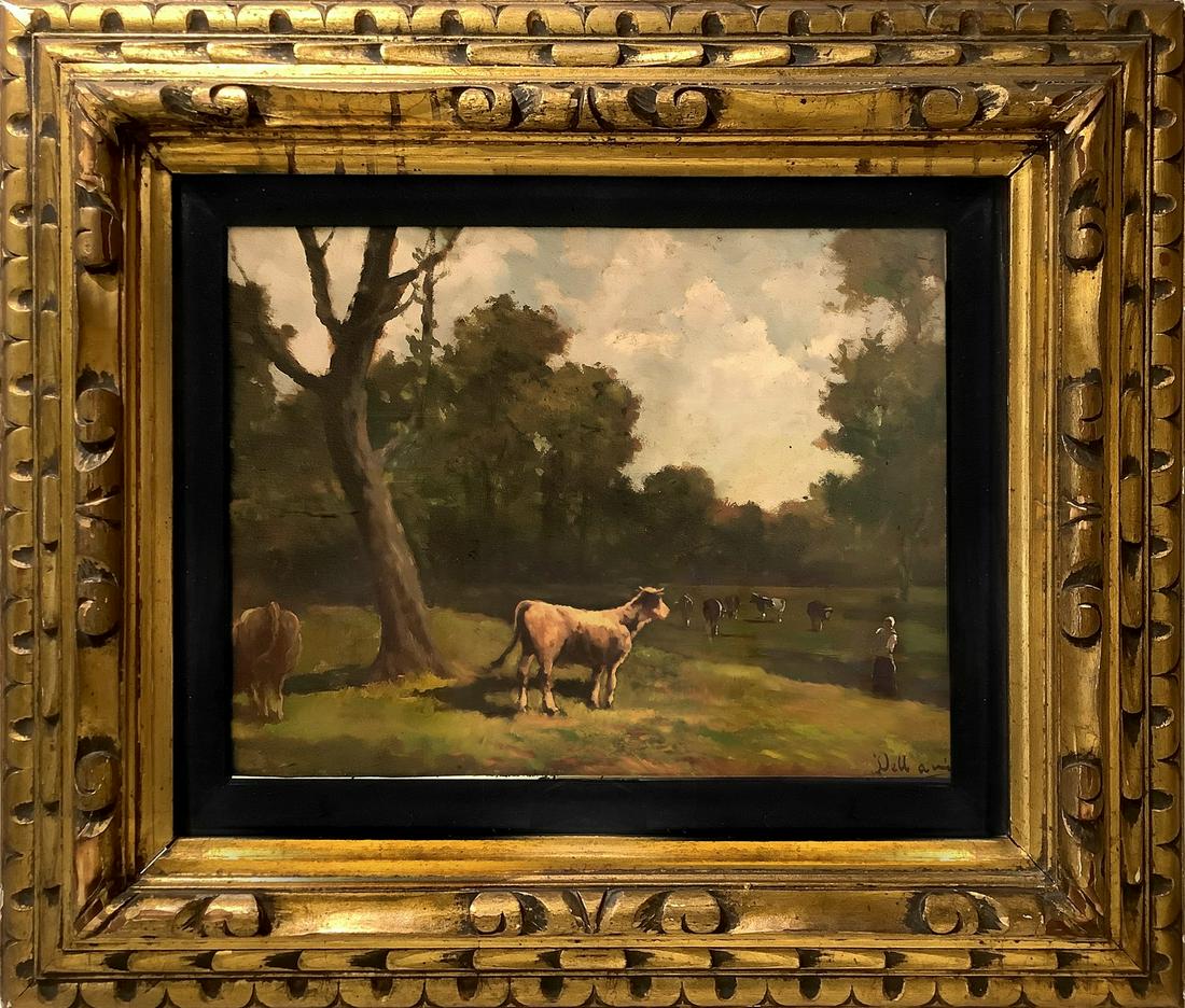 Lorenzo Delleani (Pollone 1840-Torino 1908)  - Bucolic scene with cows on landscape, Early 20th (1 of 5)