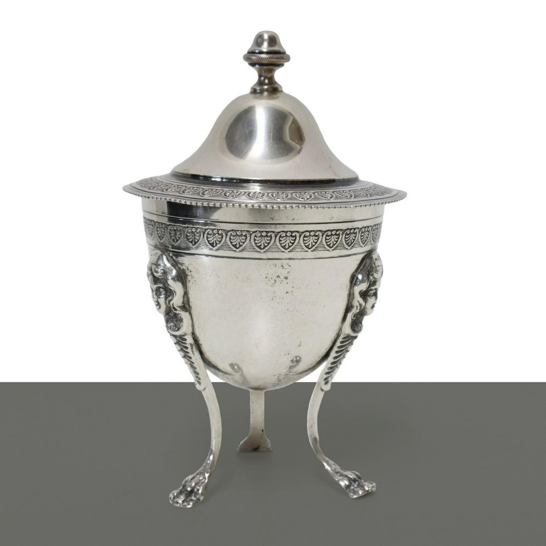 Silver sugar bowl, 20th century: g 162 / h cm 13Neoclassical shape, tripod with female faces, lid and border with acanthus leaves