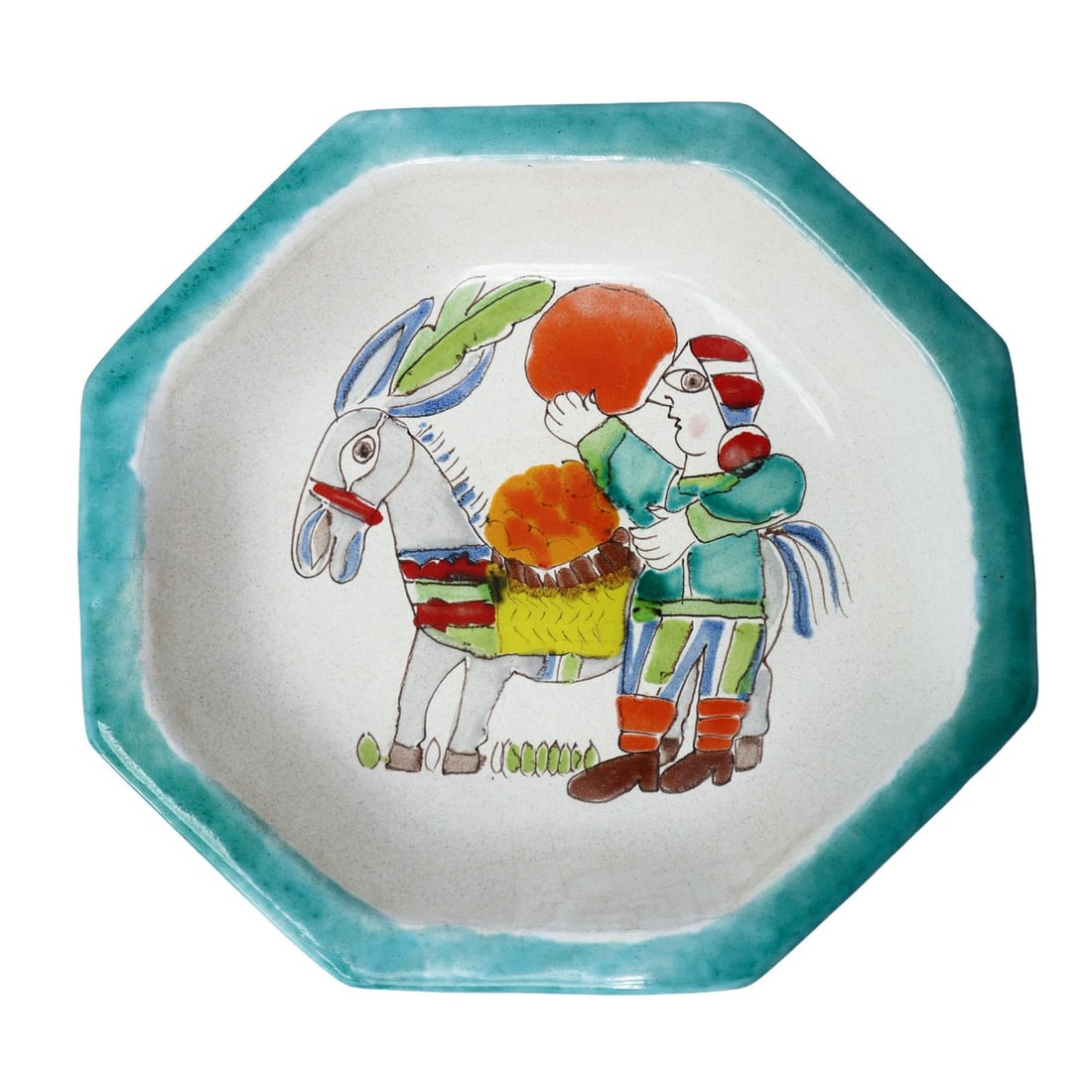 De Simone - Octagonal hand-painted polychrome ceramic bowl with character and donkey, 1960/1970 (1 of 3)