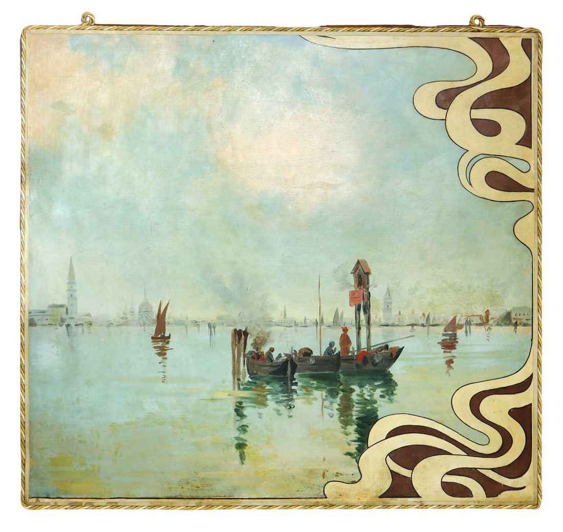 San Marco basin with boats and sails, early 20th century (art nouveau period): 115X120 cm Oil on canvas