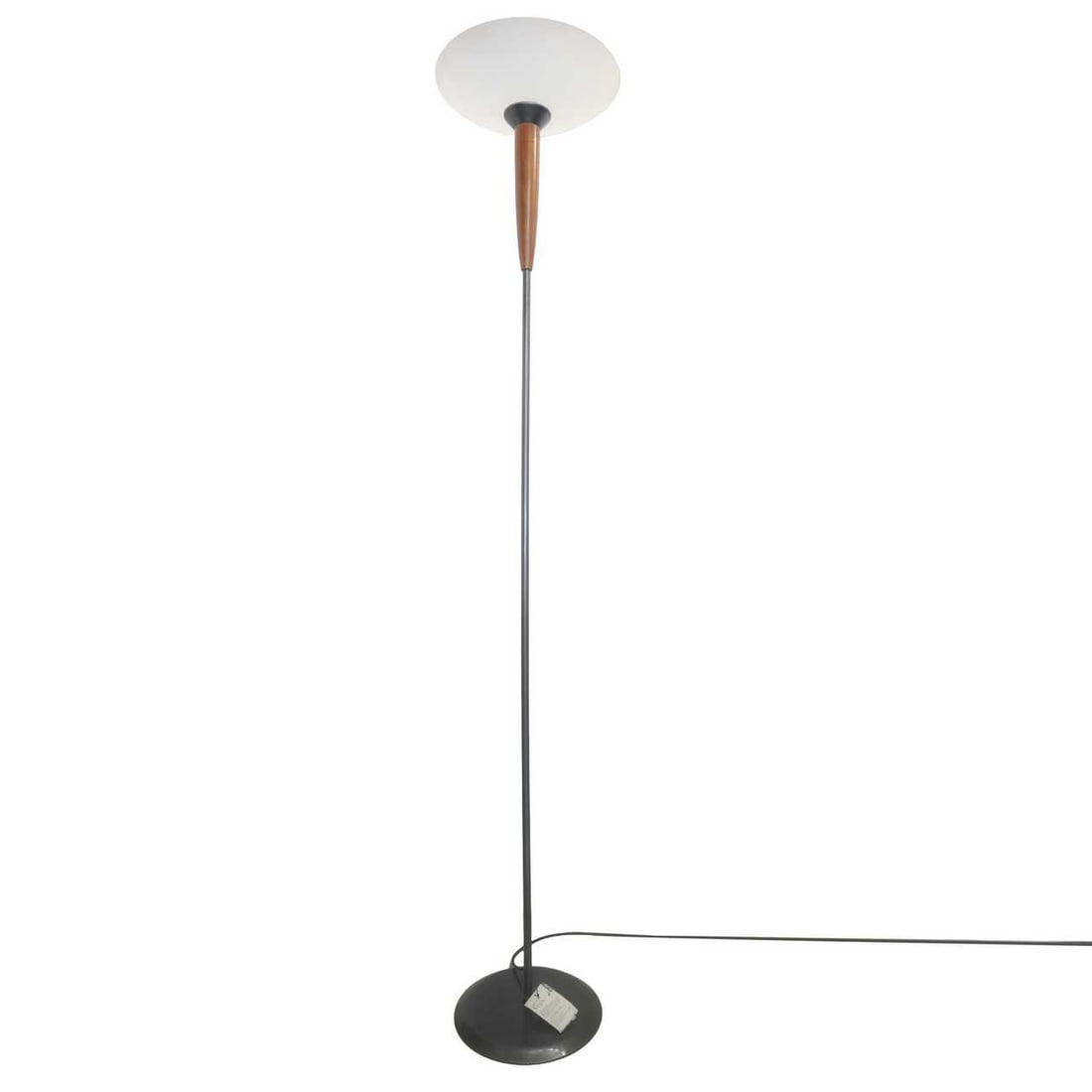 Bilumen - Vega floor lamp: 86 cm, ceiling light diameter 37 cm With base and stem in gunmetal black metal, opaque glass disc diffuser supported by a wooden base. Manufacturing label.