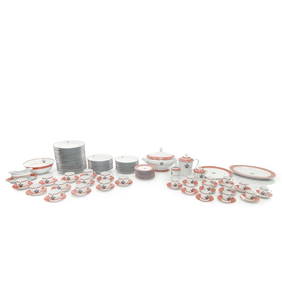 Cartier - Very complete service in white and coral Limoges porcelain by La Maison Venitienne, with (1 of 7)