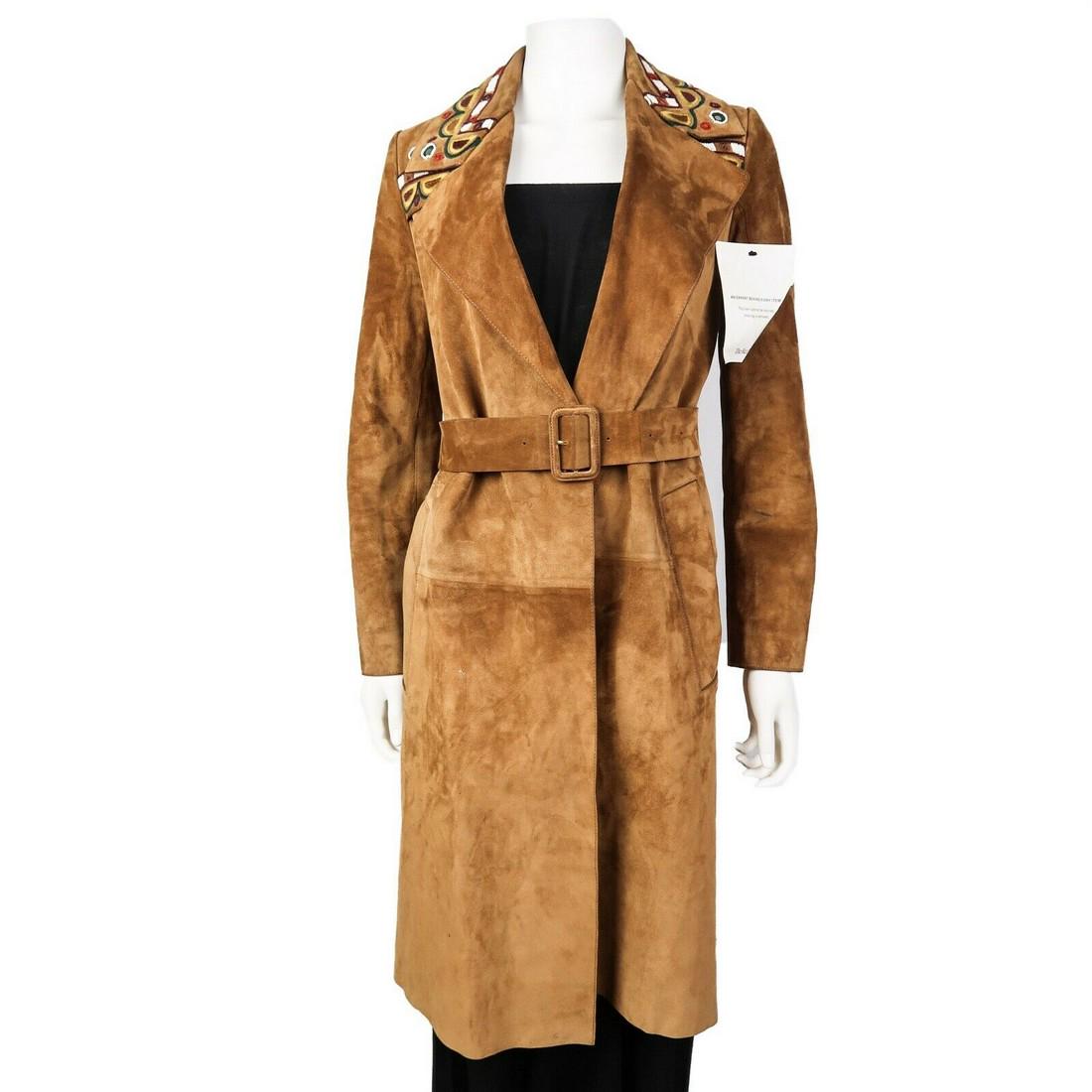 Burberry Prorsum - Embroidered Suede Trenchcoat Brown: Burberry Prorsum (Runway) - Suede Embroidered Trench Coat with Belt - Size: Women's 36 / US 2 Color: Brown - Material: Suede leather - Details: matching belt, button up, embroidered collared - item #