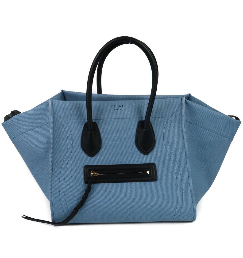 Celine - Denim Medium Phantom Tote Bag - Black Leather: Celine - Medium Denim Phantom Tote Bag Extremely RARE denim version! Color: Blue Material: Denim â€“ Leather Details: - front zip pocket - leather base - wide side opening - dust bag included - i
