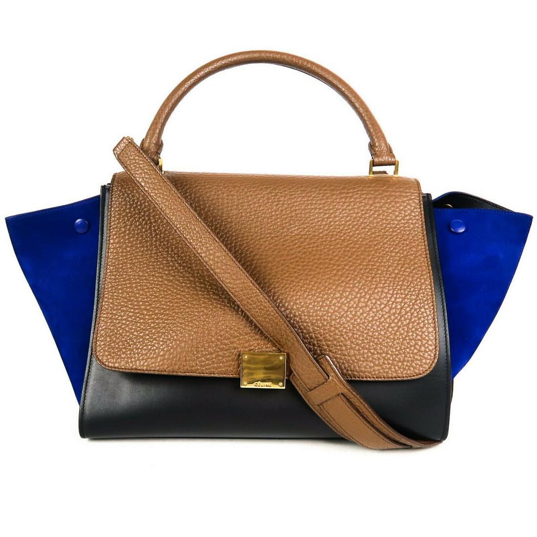Celine - Medium Trapeze Bag - Blue Brown Black: Celine - Medium Trapeze Shoulder Bag - Color: Blue / Black / Brown - Size: Large - Material: Calfskin Leather and Suede Details: front flap, gold-tone hardware, item # RSAL3 - Condition: Like New - ge