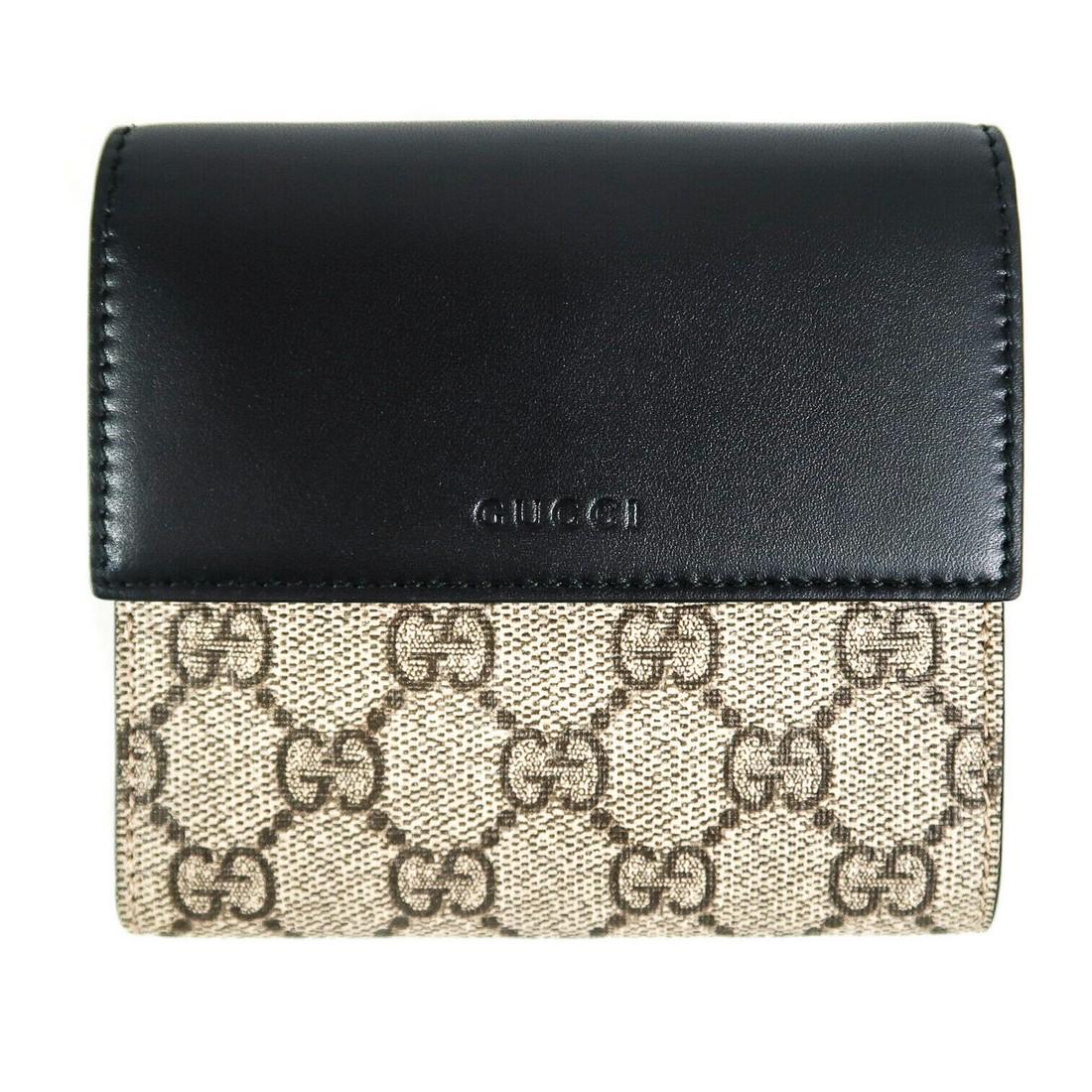 Gucci - New Wallet - Beige Ebony GG Supreme Canvas -: New: Gucci GG Supreme French Flap Wallet - Color: Beige / Ebony / Black - Material: Canvas - Leather - Size: Small - Details:GG logo patternsnap closure, ten card slots, two bill compartments, box inc