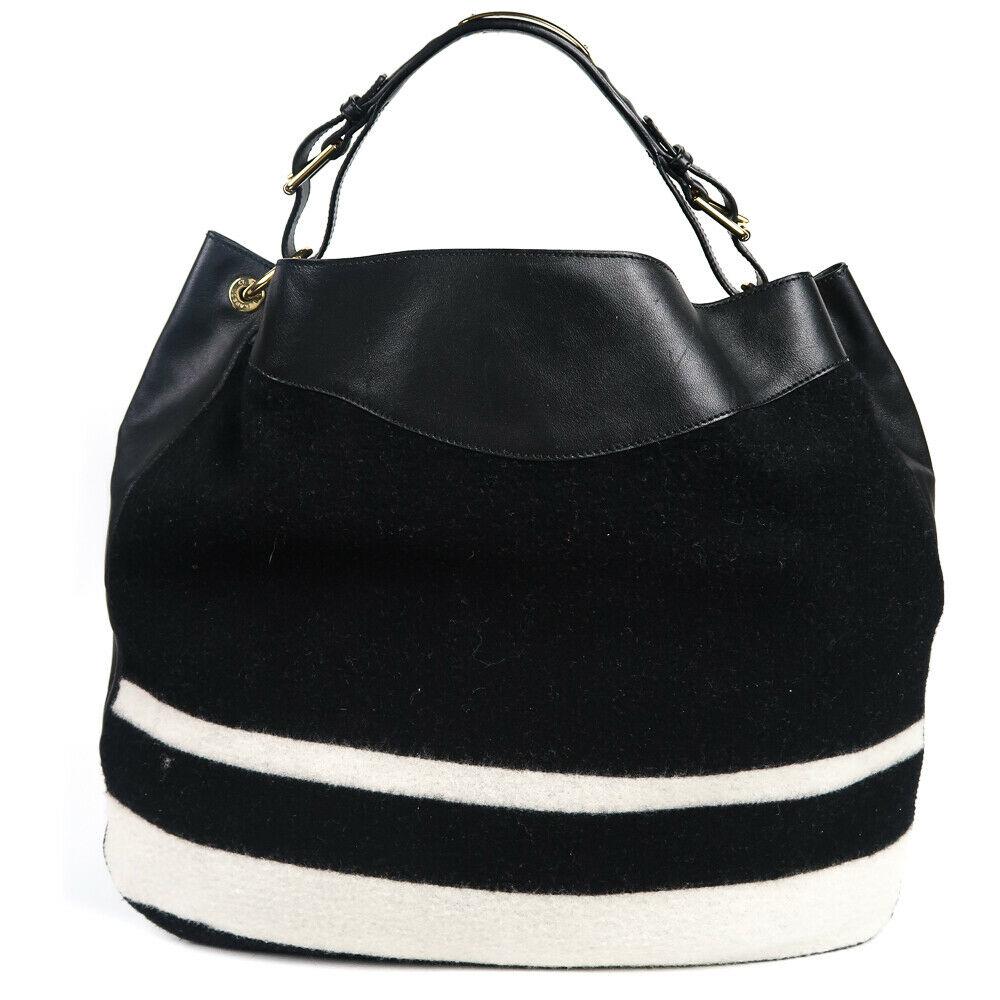 Ralph Lauren - NEW - XL - Wool & Leather Black Hobo: "Ralph Lauren - NEW - XL - Wool & Leather Black Hobo Tote Bag - White Stripes Details:- leather handle - white strip on bottom - item # AA2643Condition: New with Tagsfaint natural scuffs (natural with