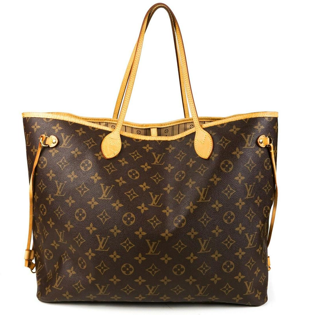 Louis Vuitton - Neverfull GM Large Monogram Brown Tote: Louis Vuitton - Monogram Neverfull GM Tote Bag Color: Brown Material: Coated Canvas - Leather ------------------------------------------------------------ Details: - monogram logo throughout - gold-to