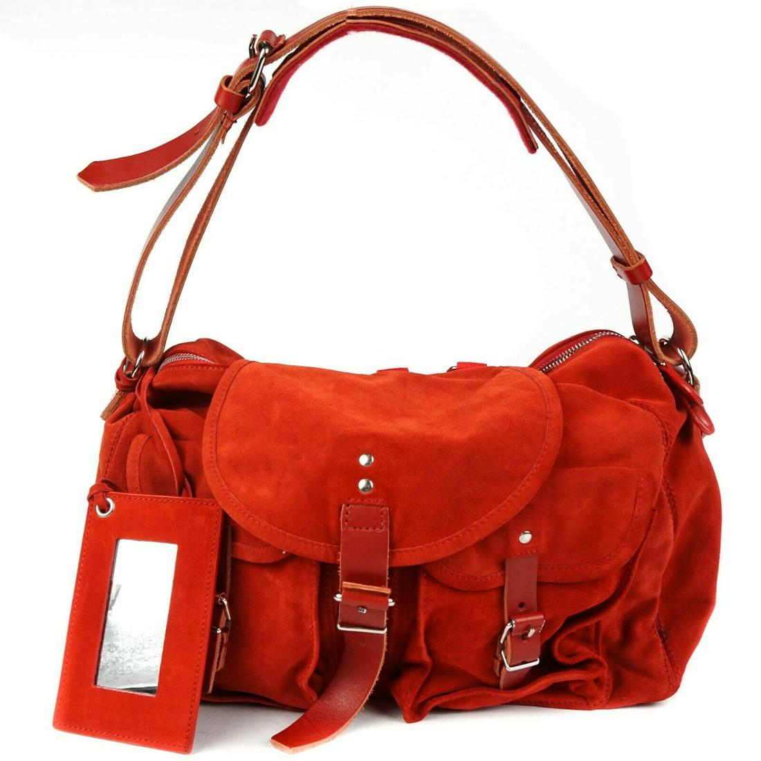 Balenciaga - Hobo Bag - Red - 2 Pockets - Silver - Moto: Balenciaga - Hobo Bag with Front Pockets Color: Red Size: Medium Material: Suede & Leather ------------------------------------------------------------ Details: - silver-toned hardware - pockets - wal