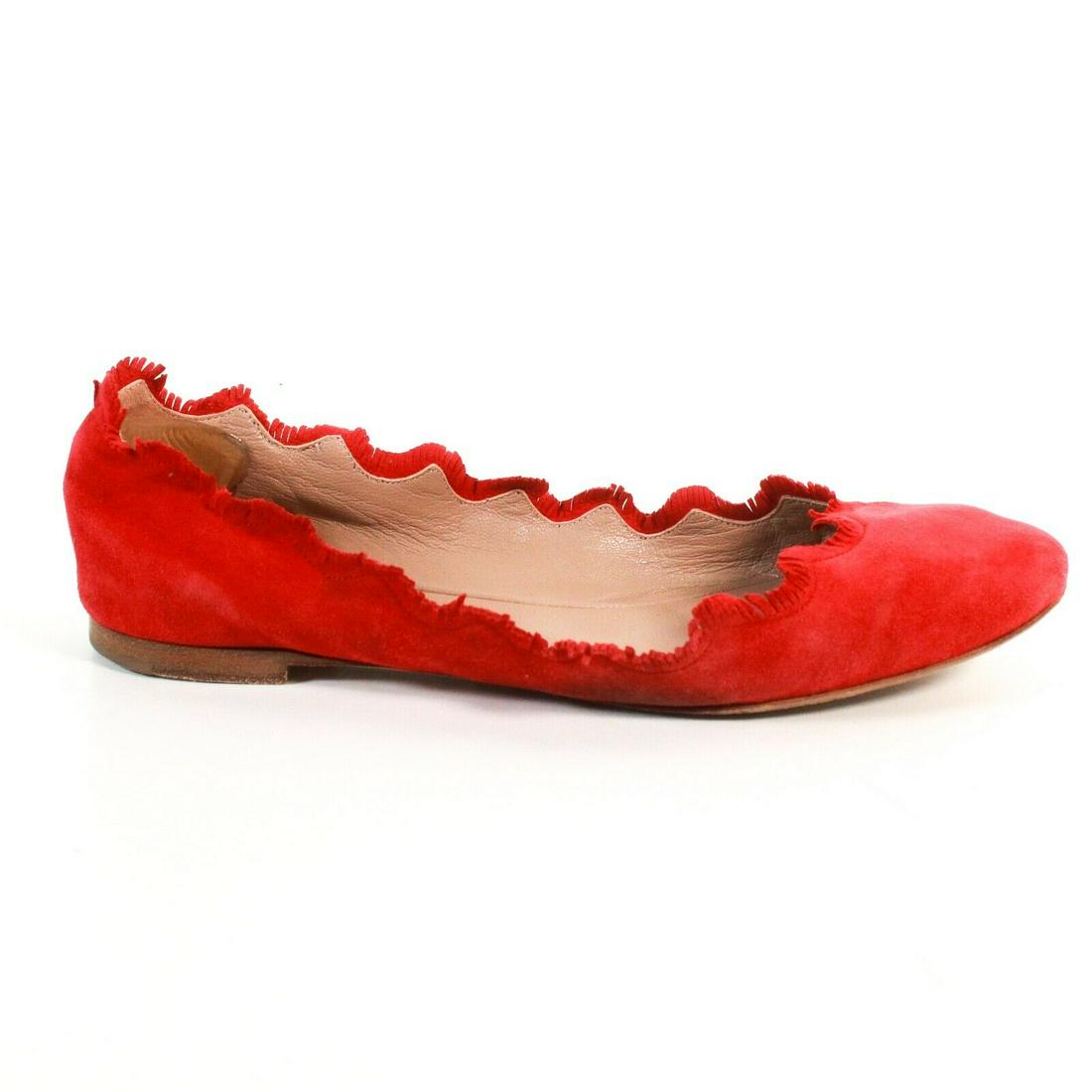 Chloe - Red Suede - Fringe Flats - 36 - US 6: Chloe - Red Suede - Fringe Flats - 36 - US 6 Color: Red Material: Suede Size: US 6 - 36 ------------------------------------------------------------ Details: - ballerina flats - fringe detail - item #