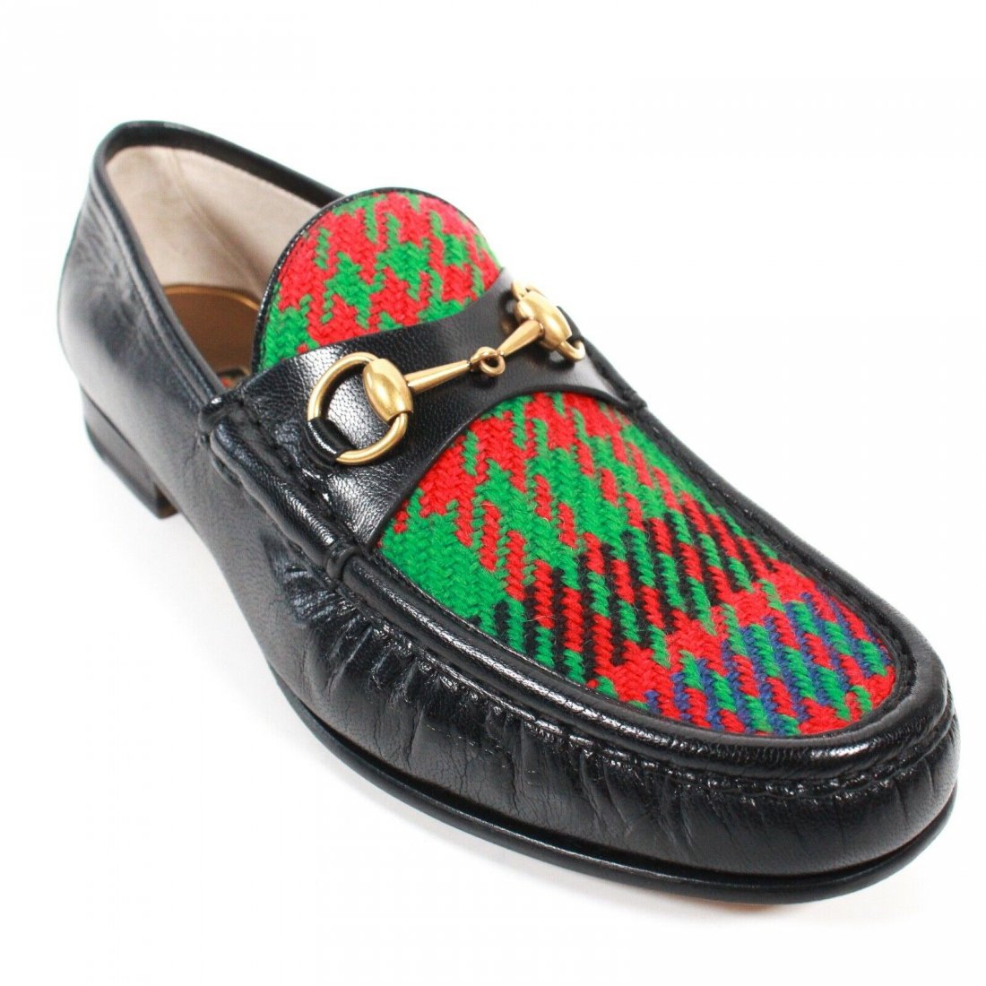 Gucci - Horse Bit Loafer - Red Green Houndstooth - US 9: Gucci - Horse Bit Loafer - Red and Green Houndstooth Pattern Size: Men's US 9 - IT 8 Color: Black, Red, Green Material: Leather and Fabric ------------------------------------------------------------ 