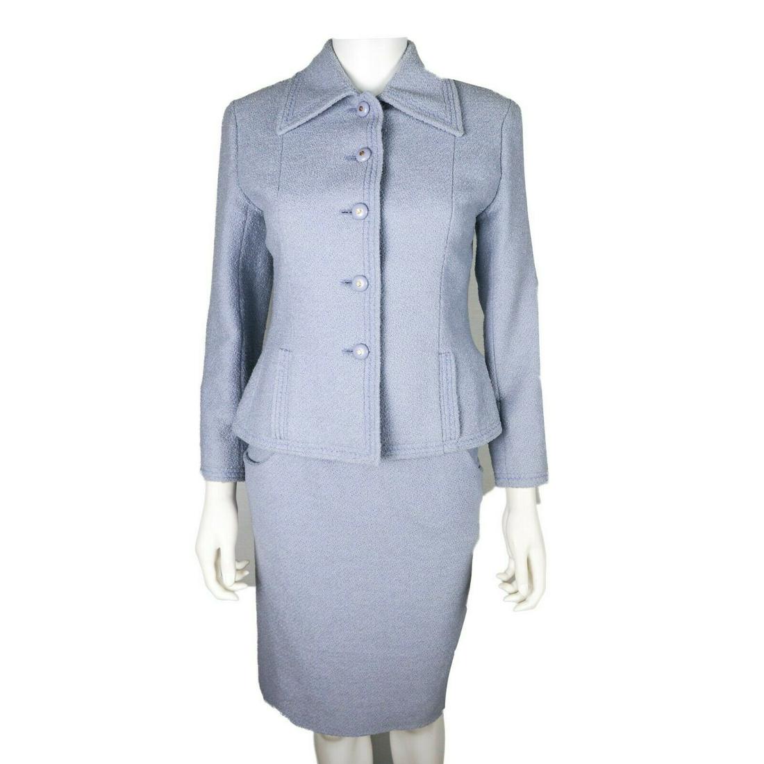 Chanel - Vintage - Periwinkle Skirt Jacket Set - US 0: Chanel - Vintage - Skirt Jacket Set Size: Missing Tag Size - Fits like a US 0 Color: Periwinkle Material: Missing Material Tag - Feels like Wool -------------------------------------------------------