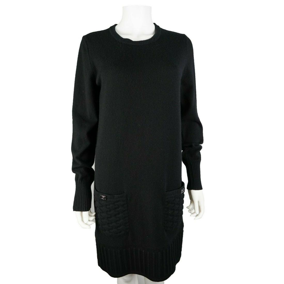 Chanel Sweater Dress Boy CC Clasp Front Pockets - US 12: Chanel Sweater Dress Boy CC Clasps on Front Pockets Size: US 12 - FR 44 Color: Black Material: Cashmere Blend ------------------------------------------------------------ Details: - 2 pockets - long s