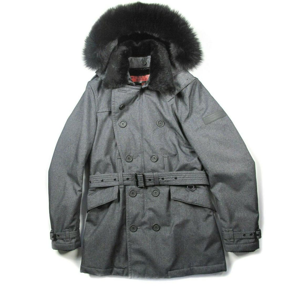 Burberry Sport - Fur Hood Jacket - Belted - Men's Small: Burberry Sport - Grey Belted Coat Jacket - Black Fur Hood - Men's Small - S Size: Small Color: Grey ------------------------------------------------------------ Details: - belt detail - button closure