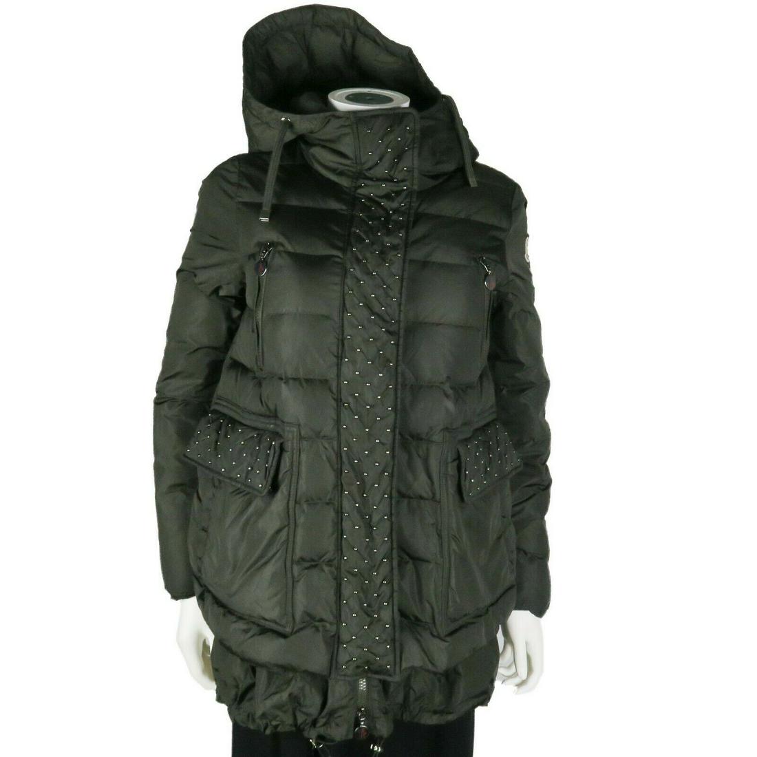 Moncler - Dark Green Studded Puffer Jacket - Women: Moncler - Women's Dark Green Studded Jacket - Puffer Coat Size: US Small - 1 Color: Green Material: Nylon ------------------------------------------------------------ Details: - hooded - zip-up - stud