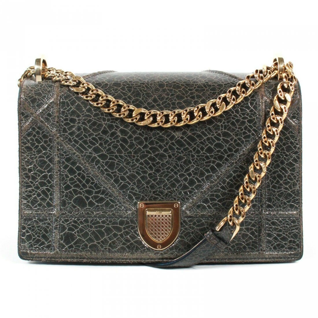 Christian Dior - Medium Crackled Leather Crossbody: Christian Dior - Diorama - Crossbody Bag Color: Grey - Green Size: Medium Material: Leather ------------------------------------------------------------ Details: - front flap - gold-tone hardware - it
