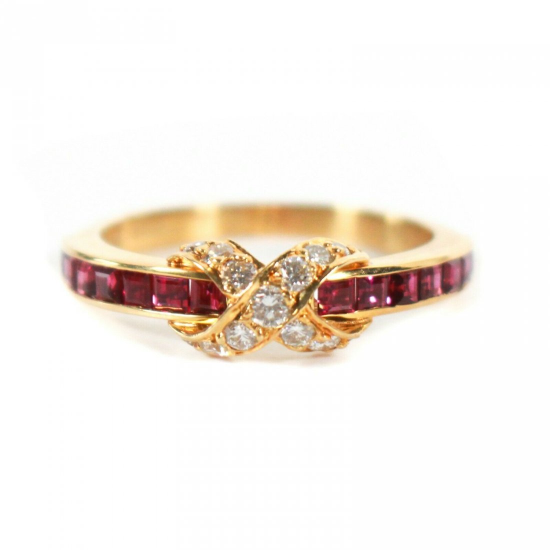 Tiffany - Ruby Diamond X Ring - US 7.5: Tiffany - Ruby Diamond X Ring Color: Red, Gold, Silver Size: US 7.5 Material: 18K Yellow Gold, Rubies, Diamonds ------------------------------------------------------------ Details: - square cut ruby 