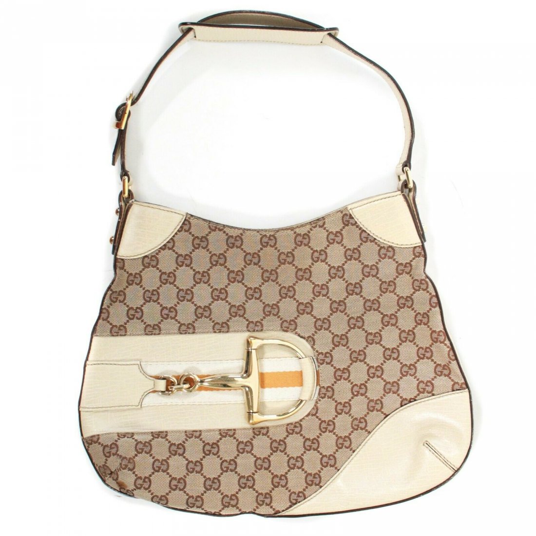 Gucci - Vintage GG Monogram Hand Bag w/ Gold Buckle: Gucci - Vintage GG Monogram Hand bag - Large Gold Buckle Color: Tan, Cream, Gold Material: Canvas, Leather Size: Medium ------------------------------------------------------------ Details: - gold-ton