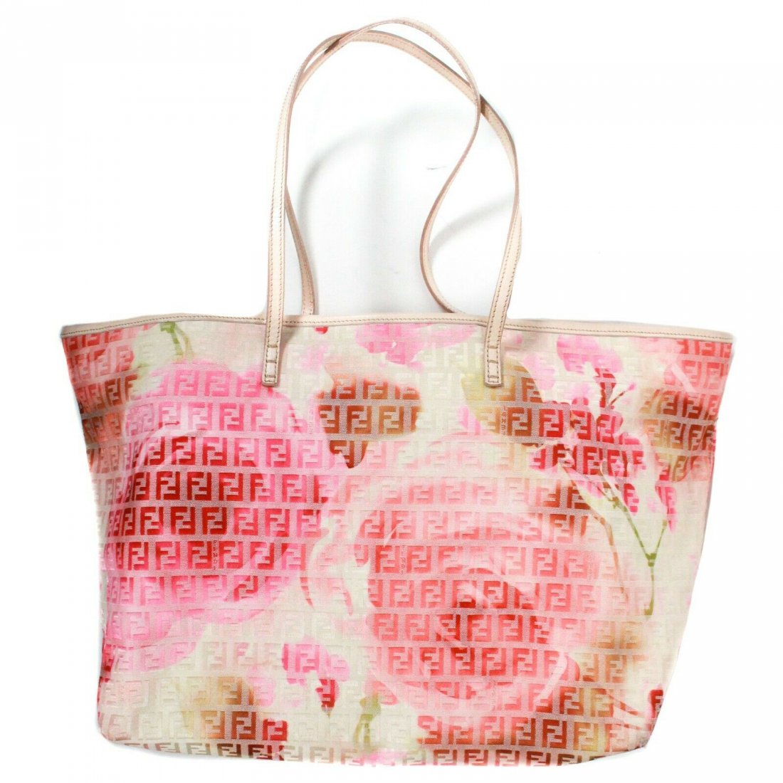 Fendi - New - Large FF Floral Rose Shoulder Tote Bag: Fendi - New - FF Floral Rose Shoulder Tote Bag Color: Pink, Off-white Size: Large Materials: Canvas - Leather ------------------------------------------------------------ Details: - leather trim and s
