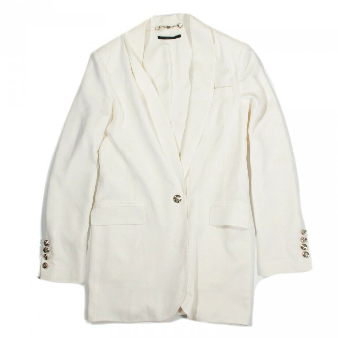Gucci - 2011 Long Silk Shield Button Blazer - US 0: Gucci - 2011 Long Shield Button Blazer Color: White - Silver Size: US 0 - IT 38 Materials: 50% wool, 50% silk ---------------------------------------------------------- Details: - large round silver-t
