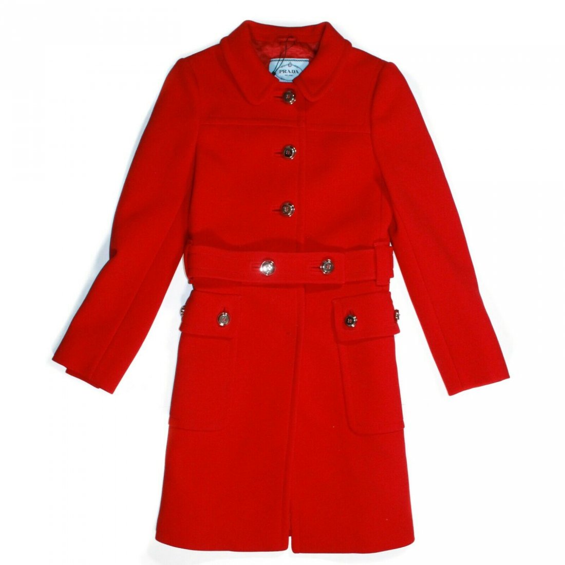 Prada - 2011 Long Belted Pea Coat - US 0: Prada - 2011 Long Belted Pea Coat Color: Red Size: US 0 - IT 38 Material: Virgin wool ------------------------------------------------------------ Details: - belted at waist - large round silver-tone 