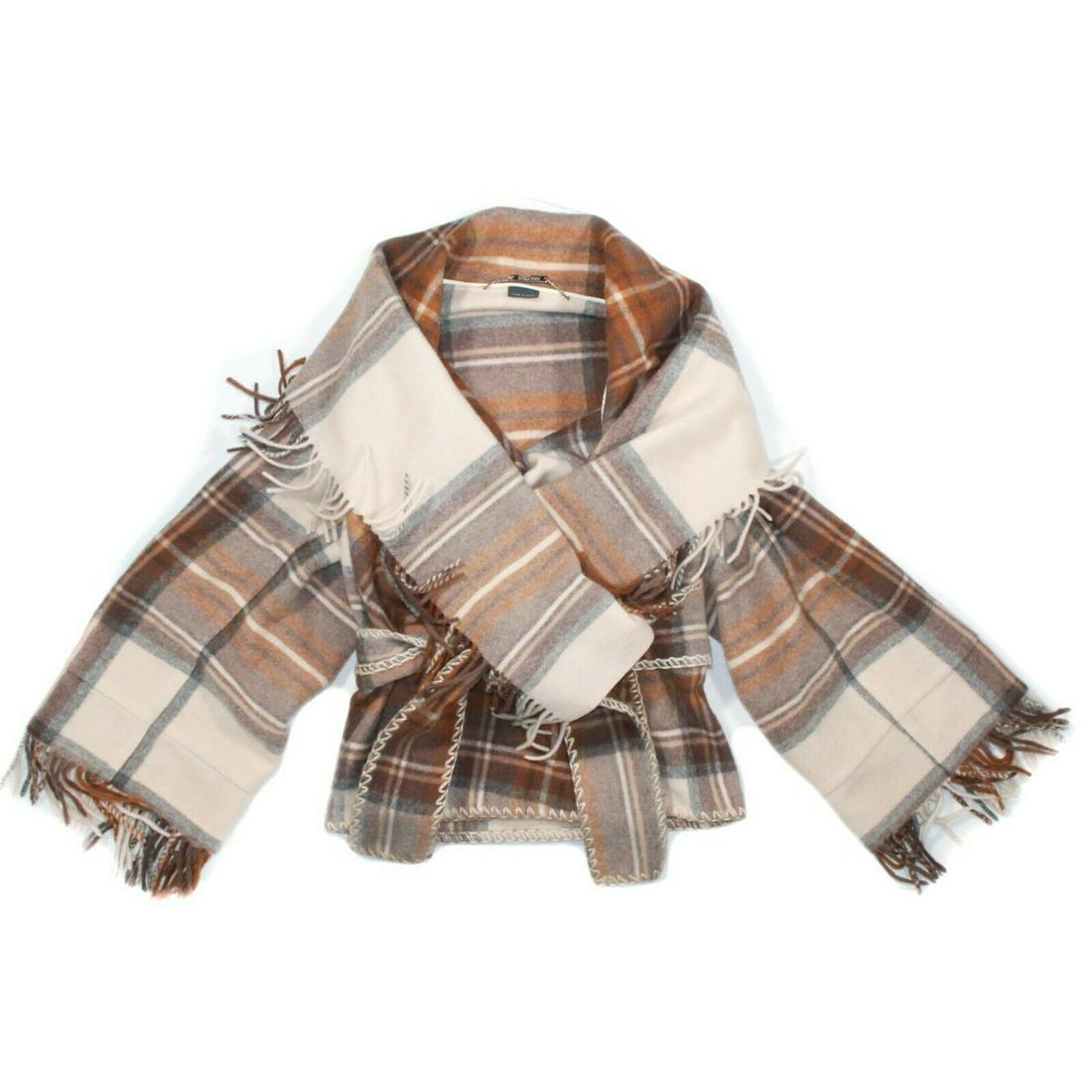Alexander McQueen - Cropped Plaid Coat - Women's US 0: Alexander McQueen - 2005 Runway Cropped Off the Shoulder Vintage Plaid Coat Color: Ivory, Brown, Blue Size: Women's US 0 - IT 38 Material: Fleece Wool -------------------------------------------------