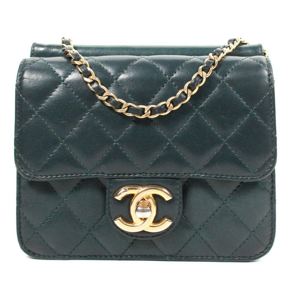 Chanel - Quilted CC Chain Crossbody Flap Bag Color:: Chanel - Quilted CC Chain Crossbody Flap Bag Color: Dark Blue-Green - Gold Size: Mini - Square Materials: Lambskin leather - Metal ------------------------------------------------------------ Details: