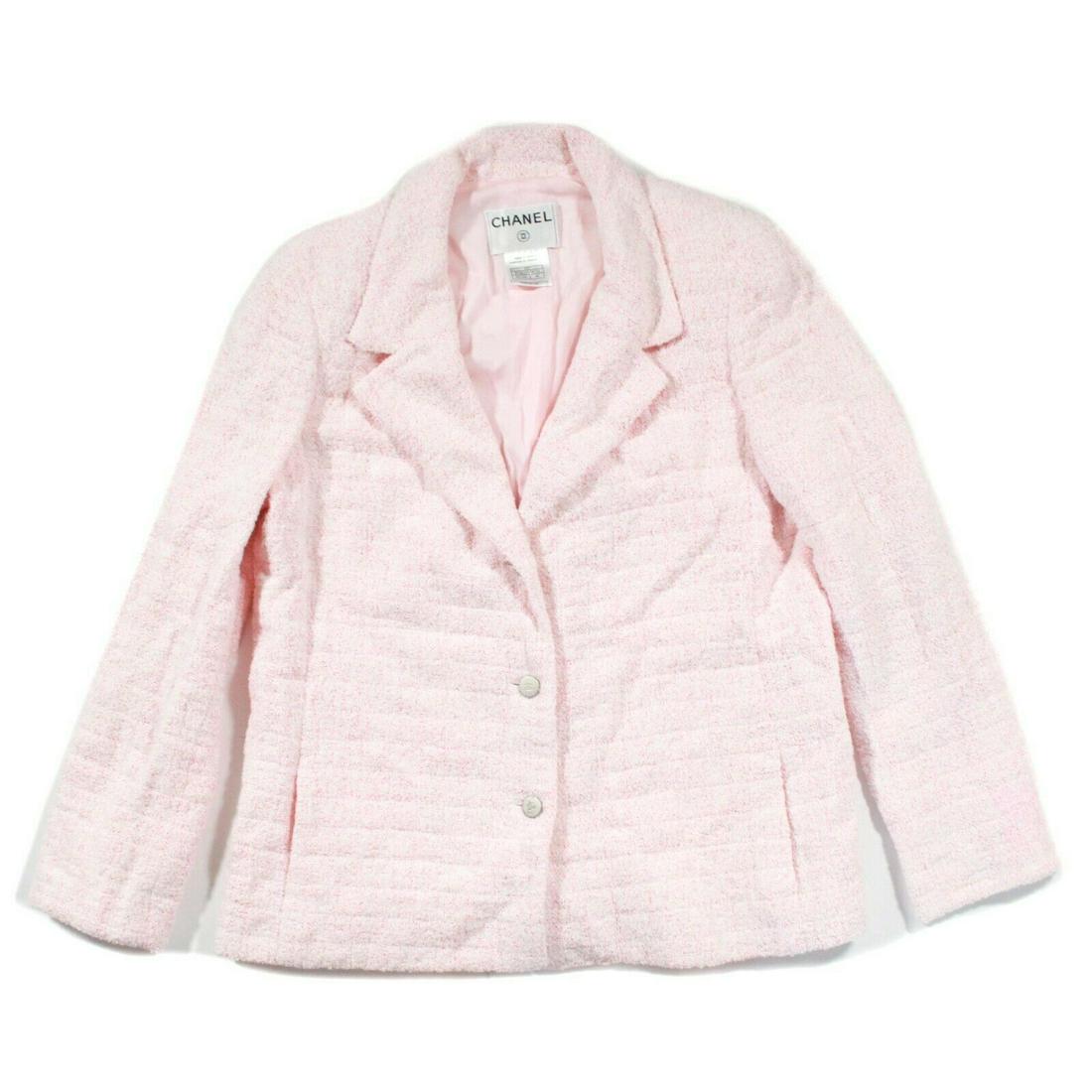 Chanel - Terry Cloth Quilted 3 Button Blazer - US 16: Chanel - Rare Terry Cloth 2000 Transition Collection - Quilted 3 Button Knit Blazer Jacket Color: Pink Size: US 16 - FR 48 Materials: 75% polyamide, 11% cotton , 6% polyester , 6% viscose , 2% silk --