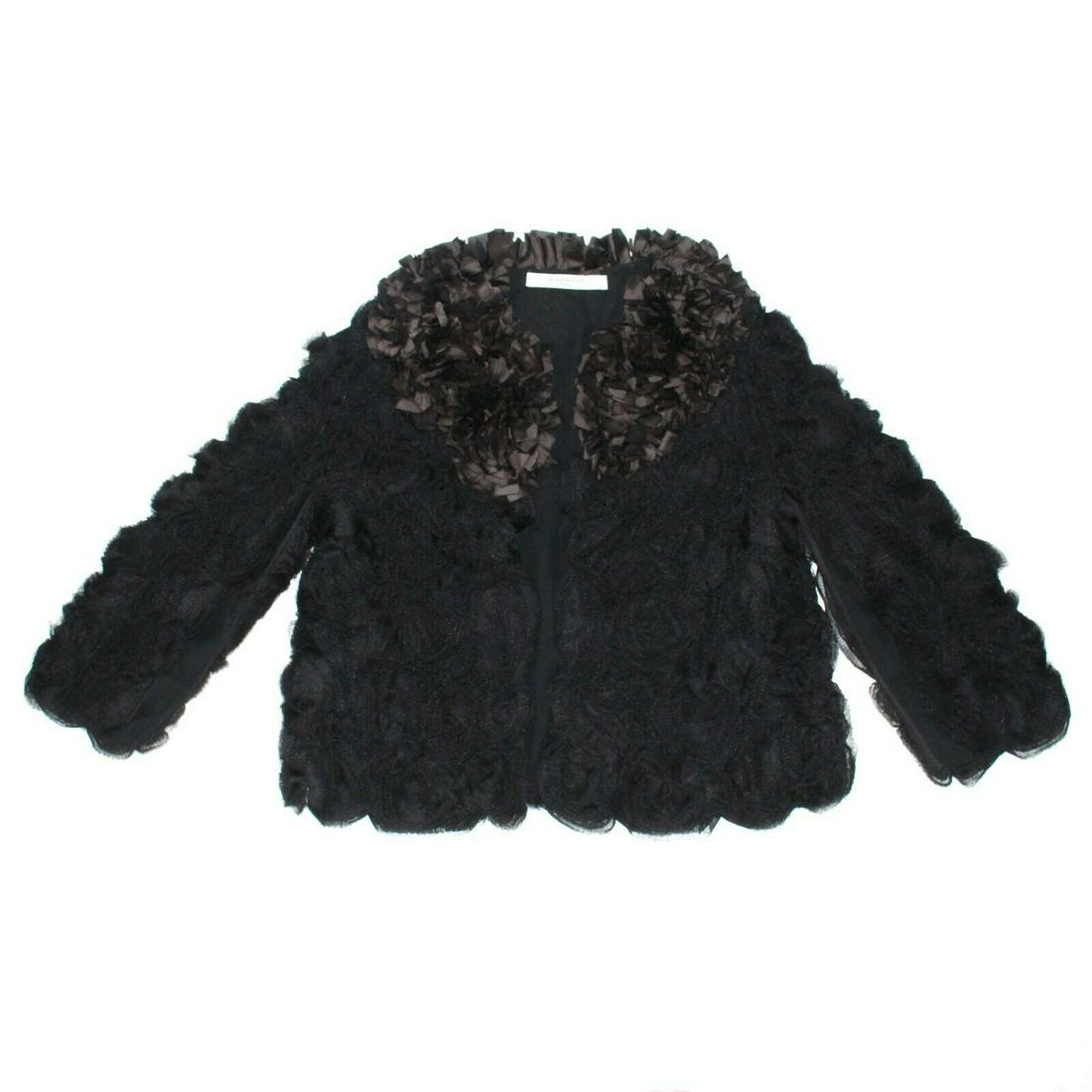Givenchy - SS 2017 Rosette Cardigan Jacket Color:: Givenchy - SS 2017 Rosette Cardigan Jacket Color: Black Size: US 0 - FR 34 Materials: Polyamide ------------------------------------------------------------ Details: - dark brown fringe collar - flora
