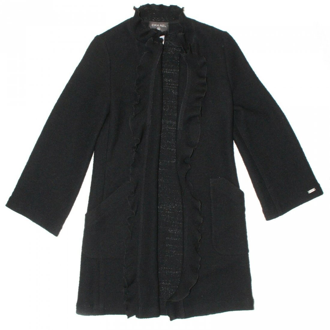 Chanel - 1999 Long Cardigan Coat Duster Black Wool - 4: Chanel - 1999 Vintage Long Fitted Cardigan Coat Color: Black Size: FR 36 - Fits like a US 2-4 (refer to measurements) Materials: 99% wool, 1% nylon ----------------------------------------------------