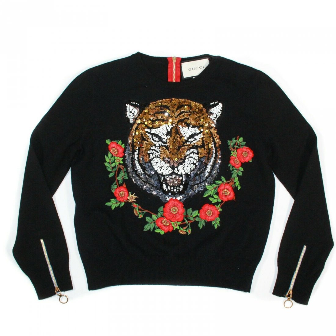 Gucci - New - Cashmere Sequin Tiger Zip Sweater - Small: Gucci - New - Floral Embroidery Tiger Sequin Sweater Color: Black, Orange, Red, Green, Silver Size: US Small - S Materials: Cashmere ---------------------------------------------------------- Details: