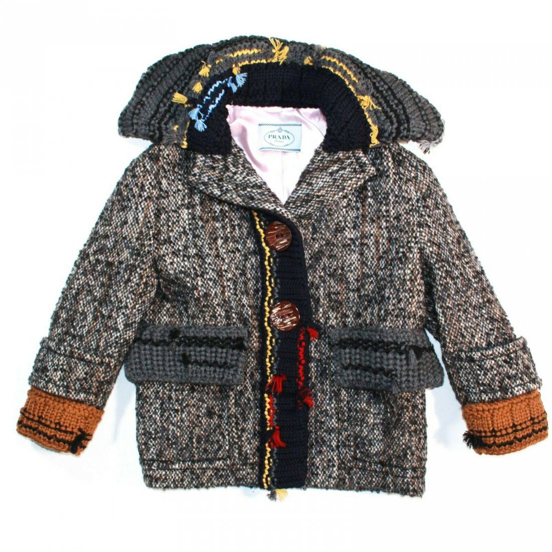 Prada - F/W 2017 Runway Woven Knit Sweater Coat US 00: Prada - F/W 2017 Runway Woven Knit Sweater Coat Color: Grey, Brown, Black, Yellow, Red, Yellow Size: Women's US 00 - IT 36 Materials: 88% Virgin Wool, 7% Mohair, 5% Polyamide -------------------------